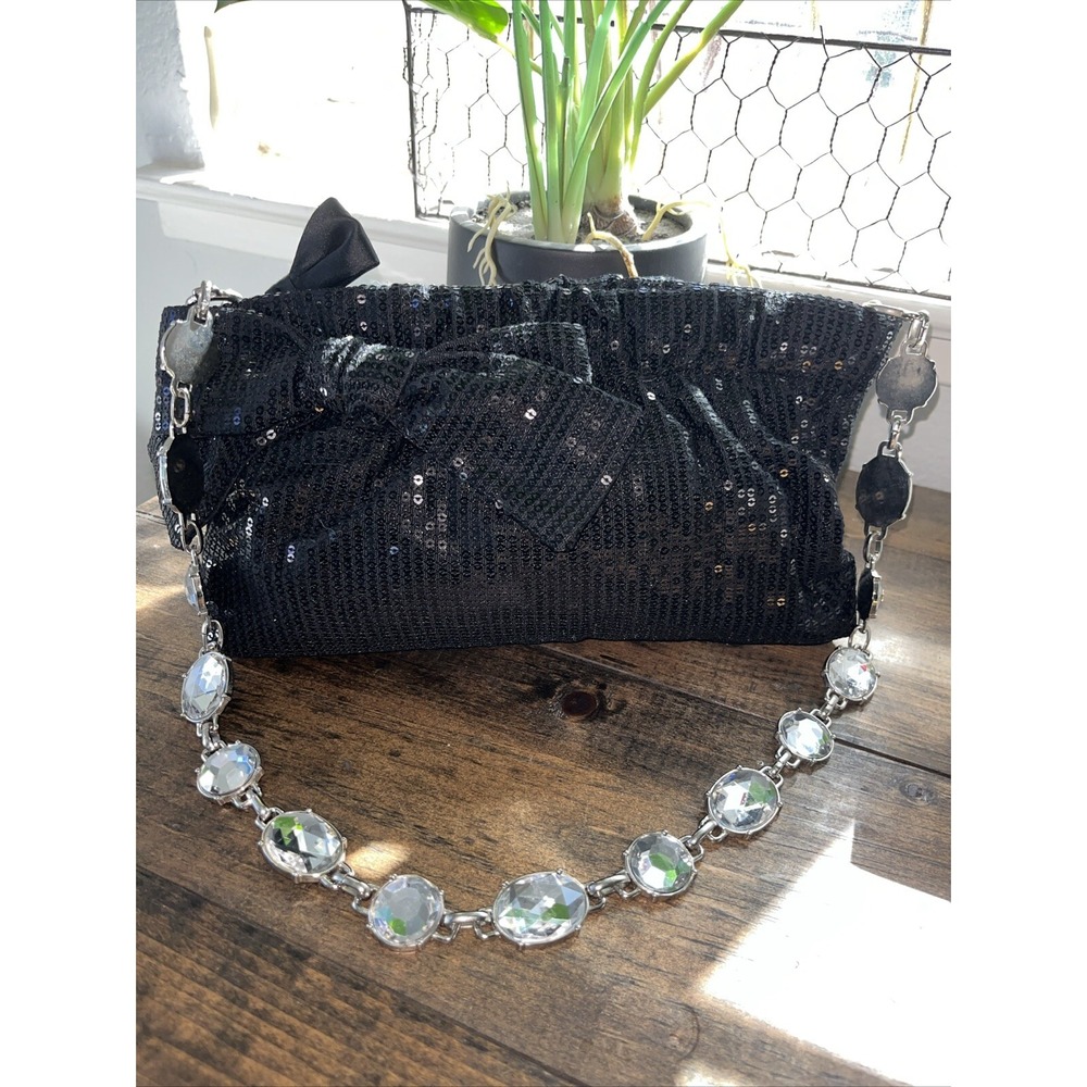 Sparkle Sequin Bow Bag Jewelled Strap Black Zip Close Prom Date Night Event